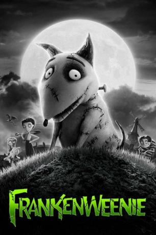 Ein Schwarz-Weiß-Filmplakat mit dem Titel Frankenweenie in Neongrün und das Bild zeigt einen animierten Hund mit Stichen überall und eine Familie gruselig aussehender Menschen im Hintergrund