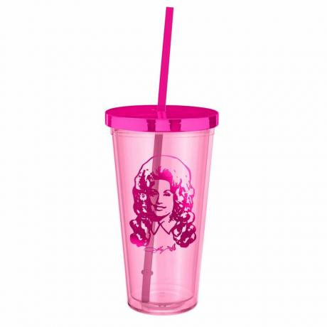 Dolly Parton Pinker Plastikbecher mit Strohhalm