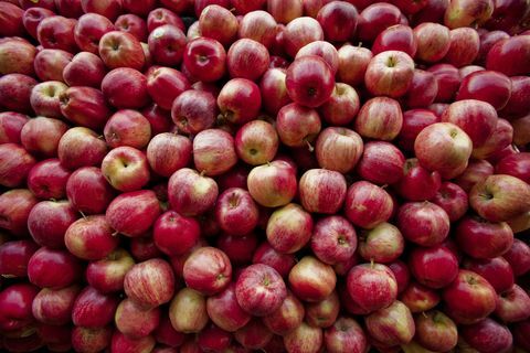 Rote Äpfel lagen auf einem Haufen an einem Obststand in Maryland, USA