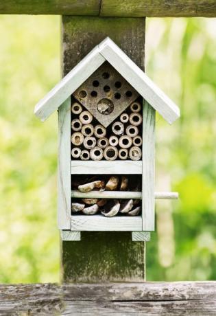 Insektenhotel auf einem Holzpfosten