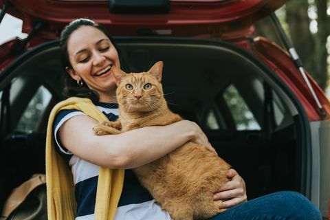 Frau, die Katze im Auto hält