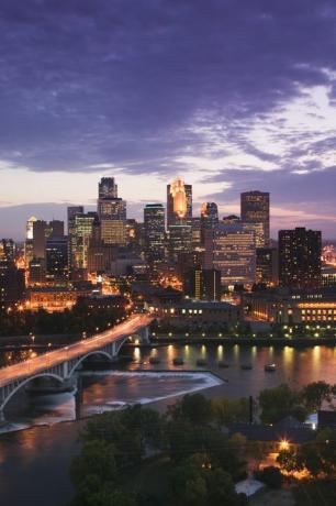 usa, minnesota, minneapolis, skyline, nacht mit wasser und bäumen im vordergrund