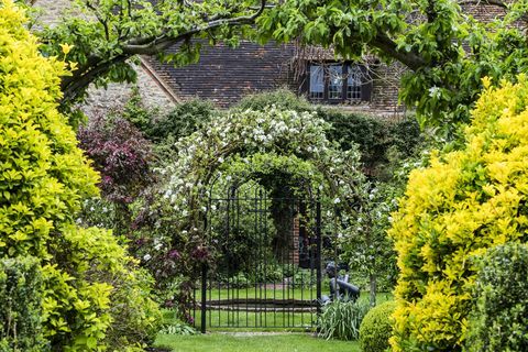 Garten mit Sträuchern und Laube mit blühenden Pflanzen im Frühling, Hütte im Hintergrund