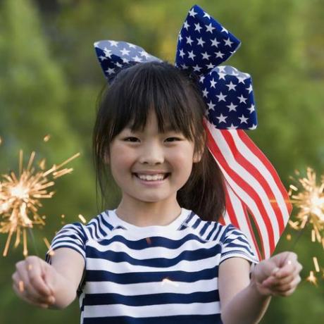 asiatisches Mädchen hält Wunderkerzen am vierten Juli