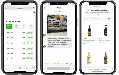 Drei Telefone, die die Lieferzeiten der Instacart-App, die Kommunikation mit dem Käufer und die Ersatzzutat anzeigen