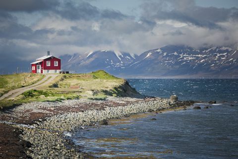 Rotes Haus neben einem Fjord in Nordisland