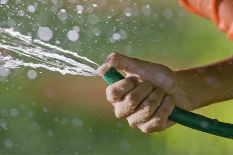 Schlauchleitung spritzt Wasser - ganz nah