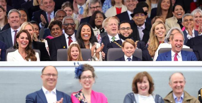 London, England 4. Juni l.r. Catherine, Herzogin von Cambridge, Prinzessin Charlotte von Cambridge, Prinz George von Cambridge, Prinz William, Herzog von Cambridge Uhr Paddington Bear und HM the Queen auf dem Bildschirm während der Platinum Party im Palast vor dem Buckingham Palace am 4. Juni 2022 in London, England The Platinum Das Jubiläum von Elisabeth II. wird vom 2. bis 5. Juni 2022 im Vereinigten Königreich und im Commonwealth gefeiert, um den 70. Jahrestag der Thronbesteigung von Königin Elisabeth zu begehen II. Am 6. Februar 1952, Foto von Chris Jackson, WPA Poolgetty Images, am 4. Juni 2022 in London, England, wird das Platin-Jubiläum von Elizabeth II. gefeiert 2. bis 5. Juni 2022, im Vereinigten Königreich und im Commonwealth anlässlich des 70. Jahrestages der Thronbesteigung von Königin Elisabeth II. am 6. Februar 1952, Foto von Chris Jacksongetty Bilder