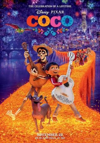 ein buntes Filmplakat des Animationsfilms Coco, das einen kleinen Jungen zeigt, der eine weiße Gitarre spielt, und einen Skelettfreund, der eine Holzgitarre spielt