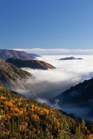 Wolkenmeer über Big Bear Lake mit den umliegenden Bergen in Herbstfarben