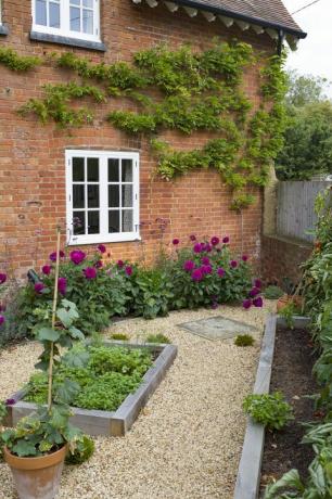 Kleiner englischer Hofgarten in Großbritannien mit Hochbeeten aus Eichenholz, Kies und einem viktorianischen Haus