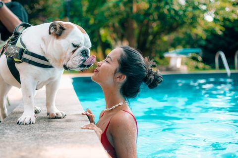 ein Mädchen, das Hund im Pool küsst