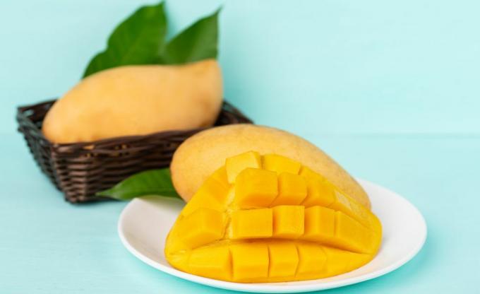 Nahaufnahme der Mango-Frucht in der Platte über blauem Hintergrund