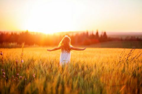 kleines Mädchen im weißen Kleid im Feld bei Sonnenuntergang