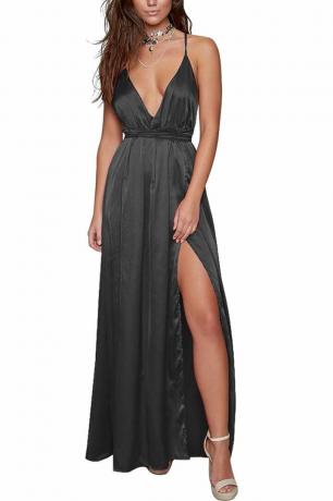 Maxi-Cocktailkleid aus Satin mit tiefem V-Ausschnitt