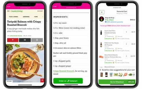 Drei Telefone mit einem Rezept, einem Instacart-Button und der Instacart-Seite mit Zutaten