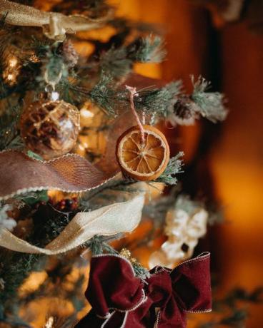 getrocknete Orangenverzierung, die an einem Weihnachtsbaum hängt