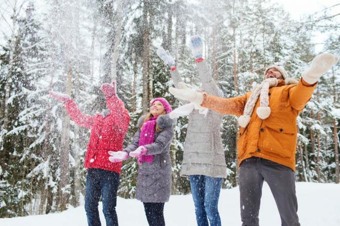 Gruppe lächelnder Männer und Frauen im Winterwald