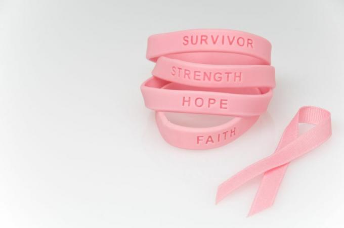 Stapel rosa Gummiarmbänder mit der Aufschrift „Überlebender“, „Stärke“, „Hoffnung“, „Glaube“ und daneben ein rosa Band